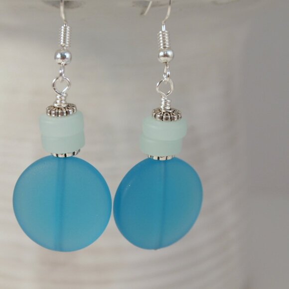 Blue and Green Sea Glass Beaded Dangle Pierced or Clip-on Earrings - Picture 7 of 10
